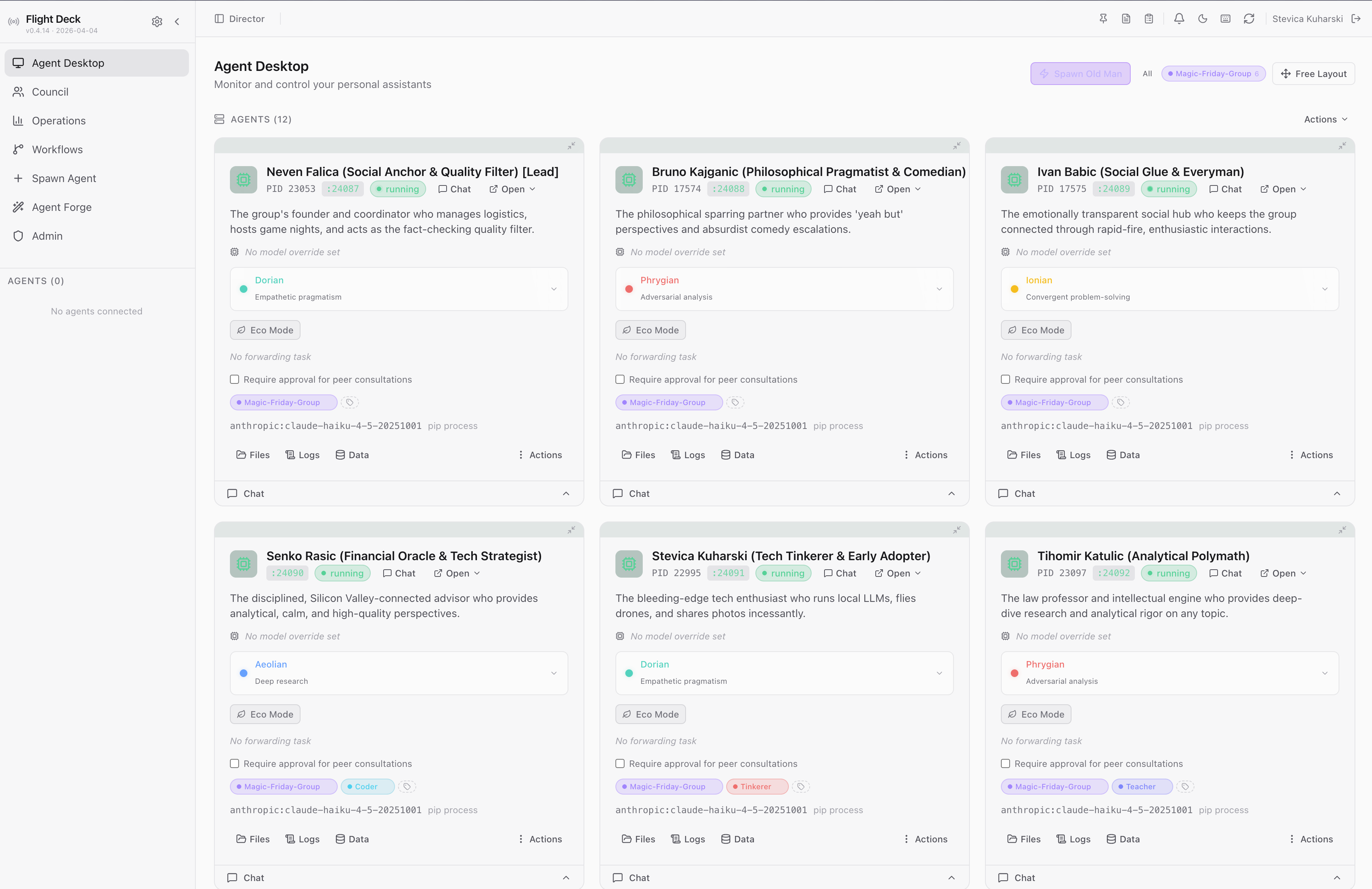 Flight Deck — Agent Desktop with six AI agents running as a coordinated team