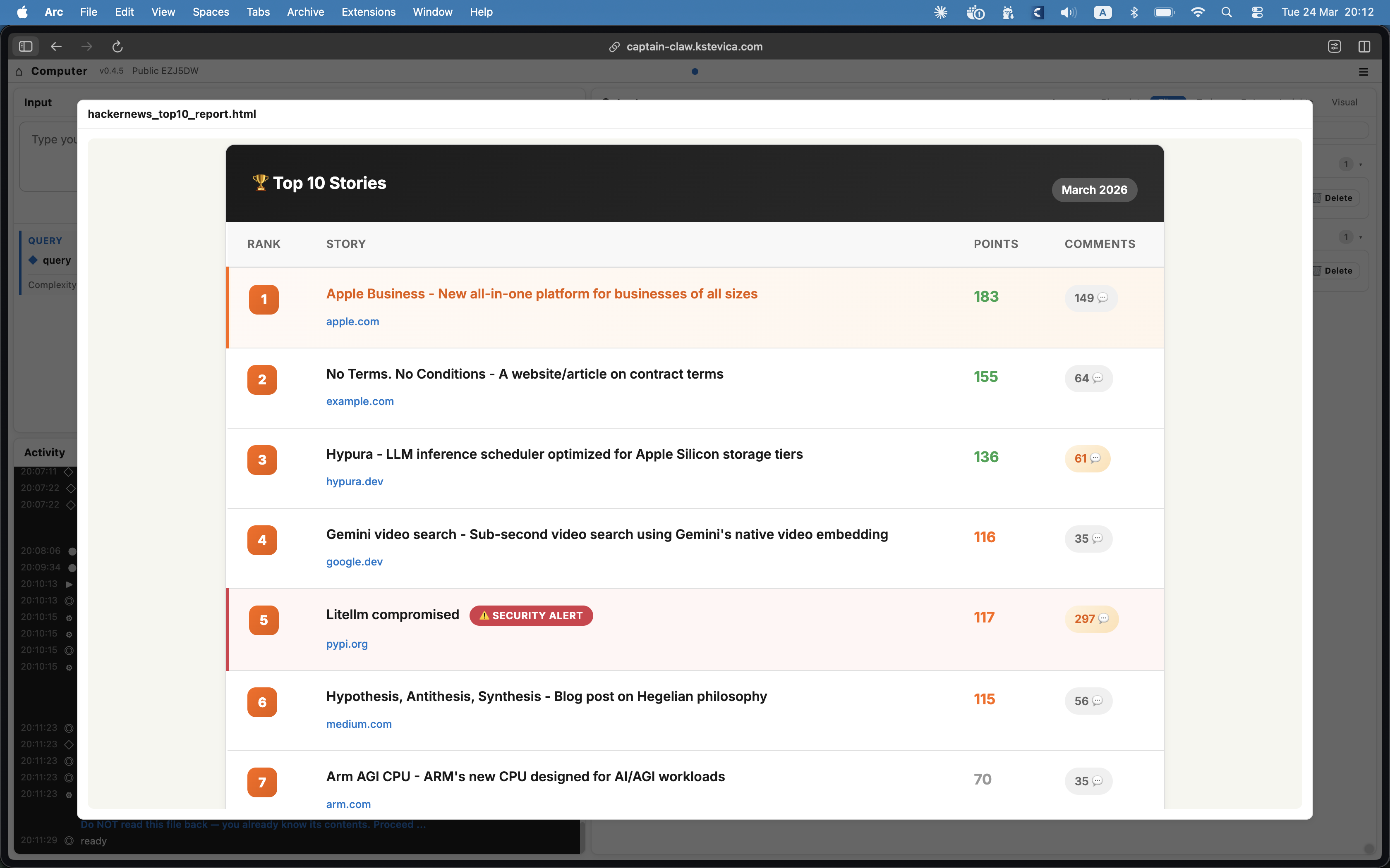 Report with story rankings